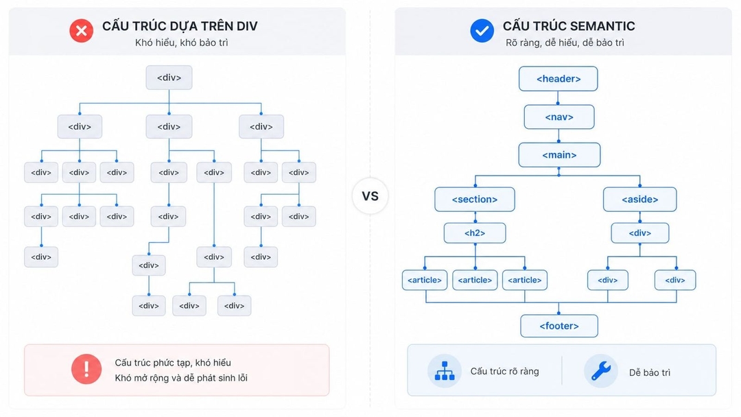 Semantic HTML là gì? Cách hiểu đúng, lợi ích thật và cách dùng cơ bản nhất
