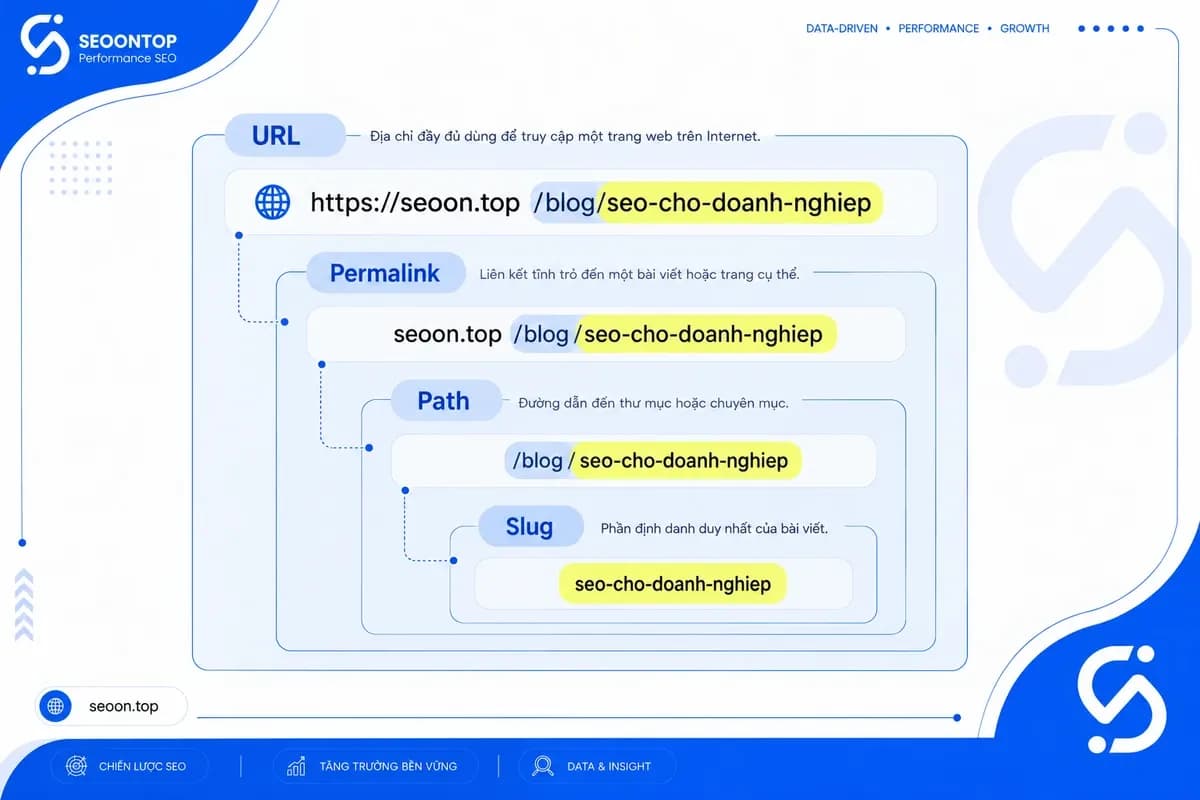 Mối quan hệ giữa URL, permalink, path và slug.