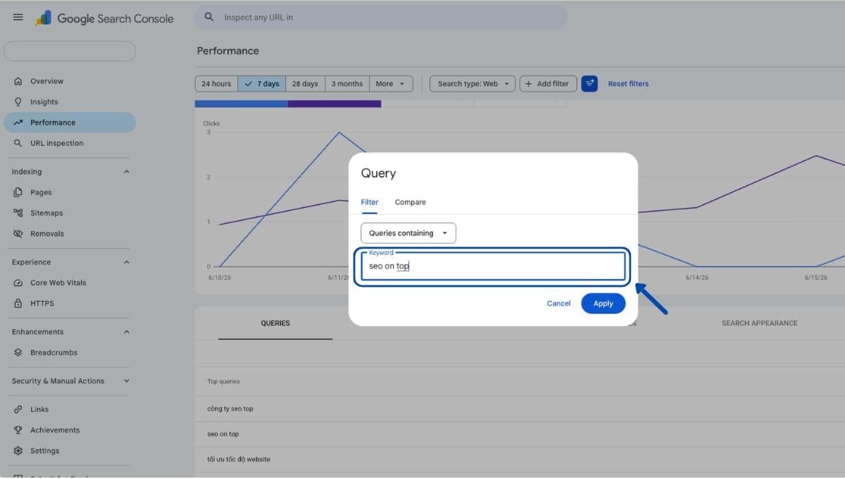 Kiểm tra branded keywords trong Google Search Console