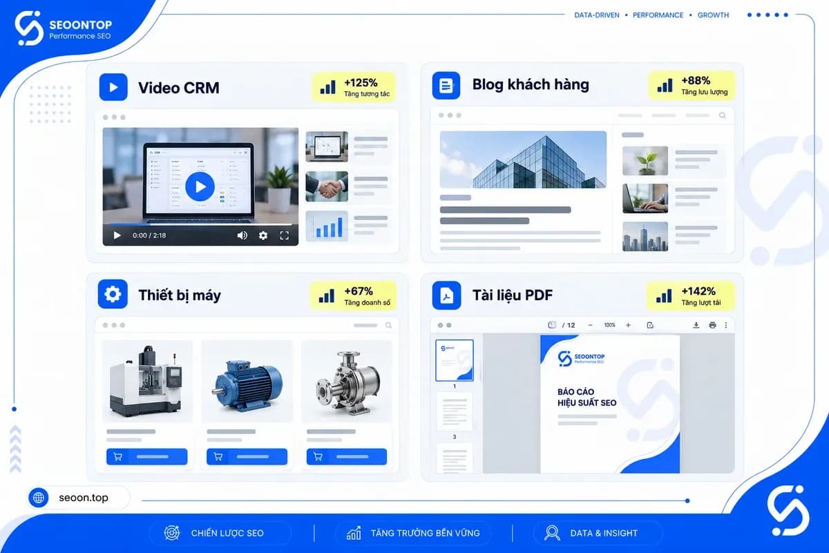 Ví dụ thumbnail video CRM, bài blog, thiết bị và tài liệu PDF