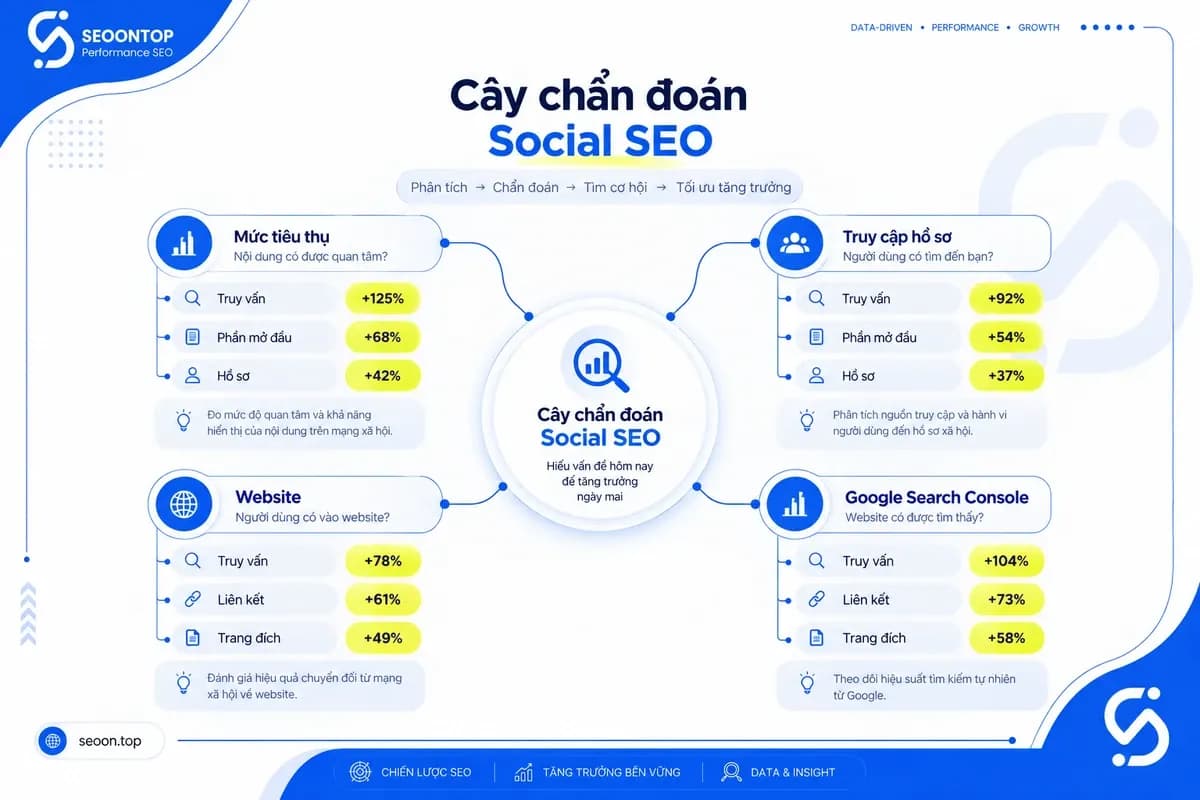 Cây chẩn đoán dữ liệu Social SEO và hành động cải thiện.