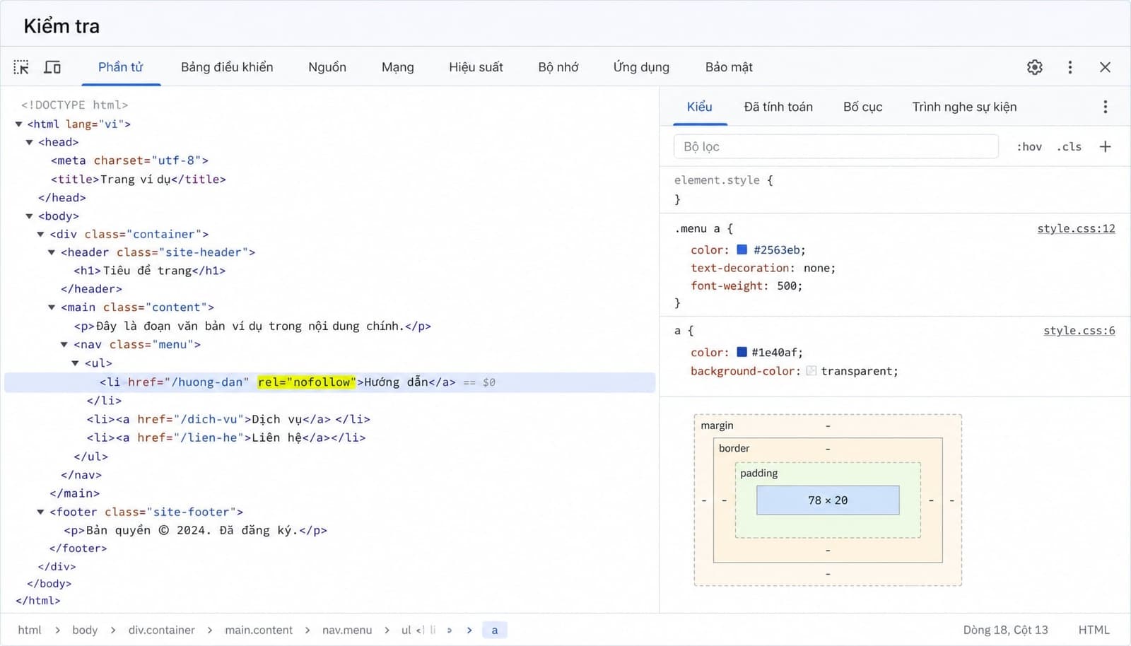 Cách kiểm tra link nofollow bằng inspect