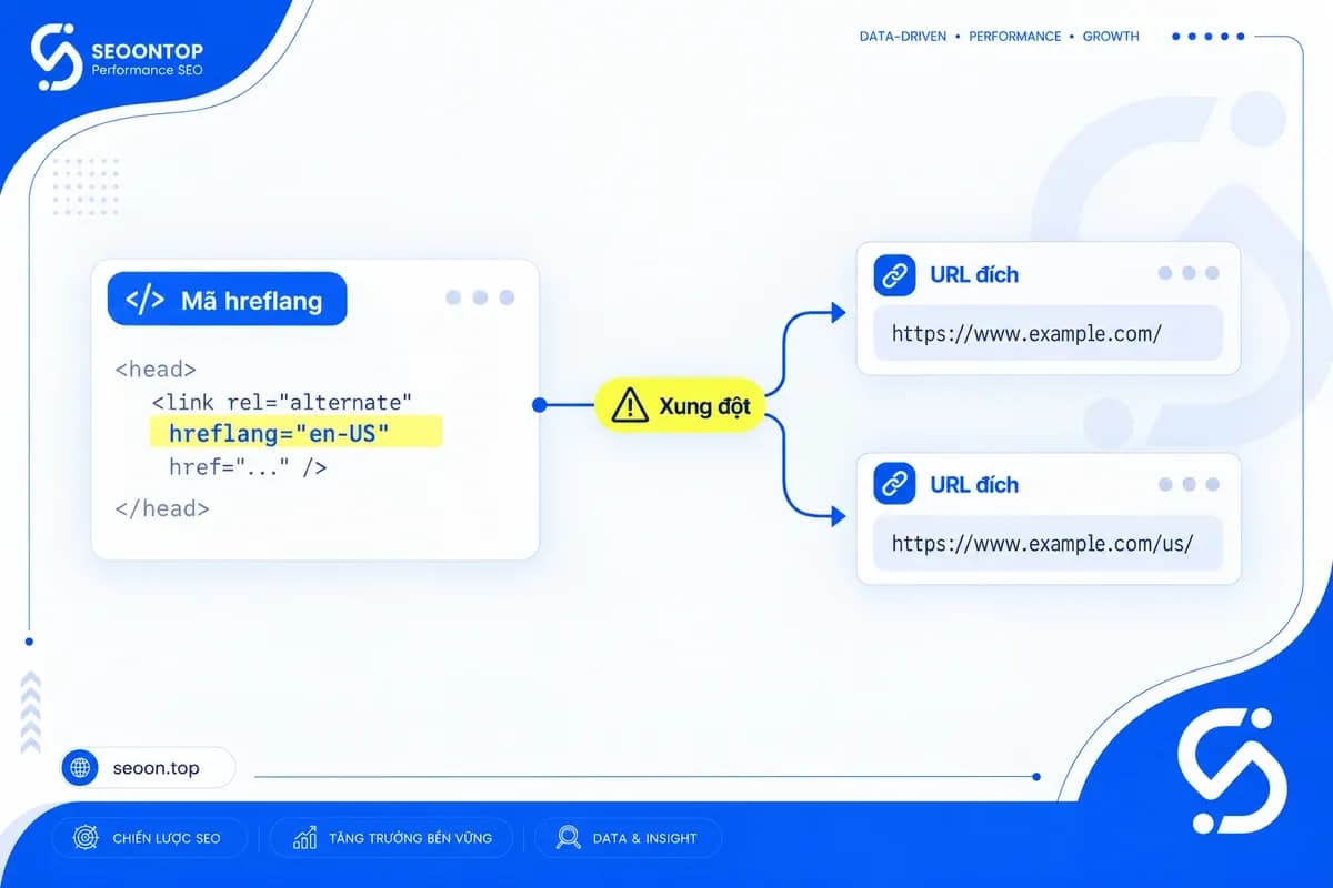 Một mã hreflang en-US được khai báo với hai URL đích khác nhau
