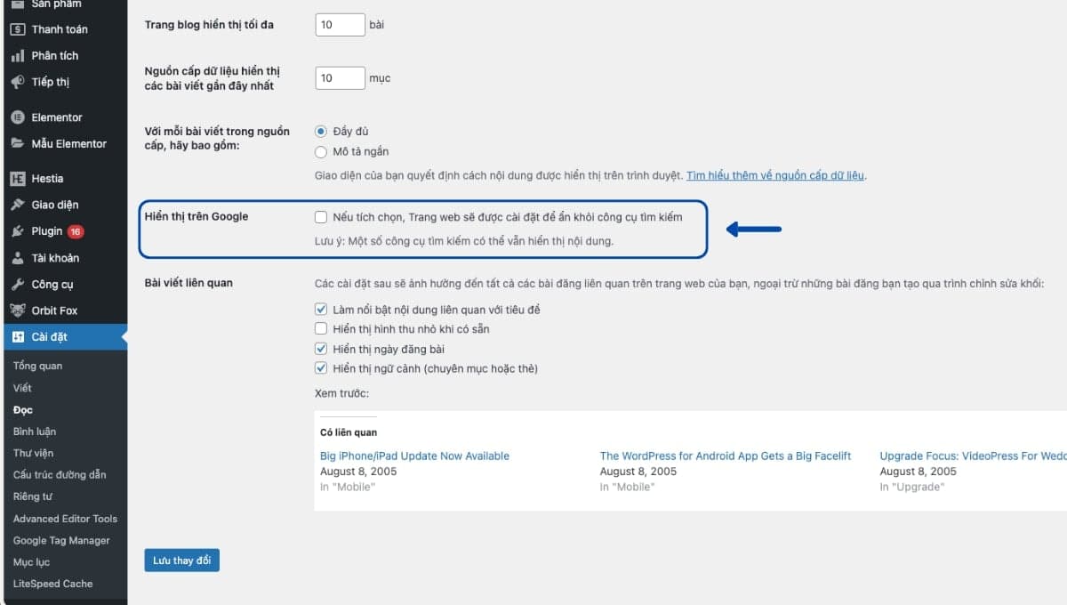Tùy chọn Hiển thị trên Google trong Setting của WordPress