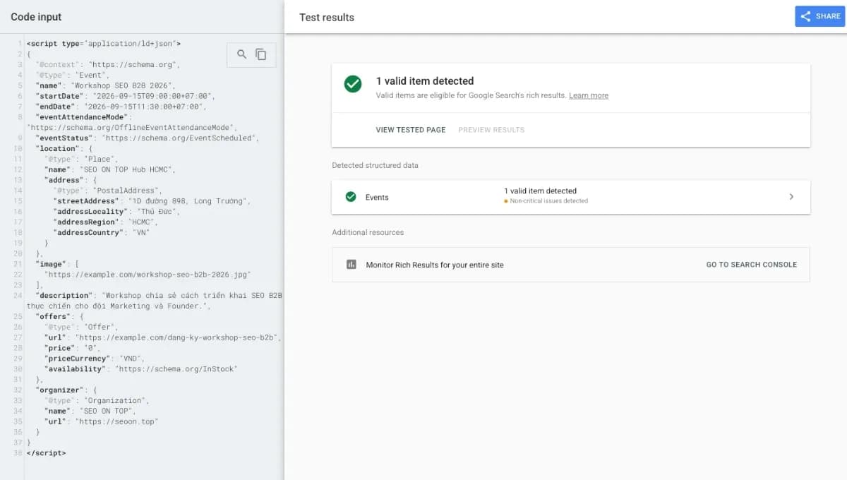 Cách kiểm tra Event Schema bằng Rich Result Test của Google