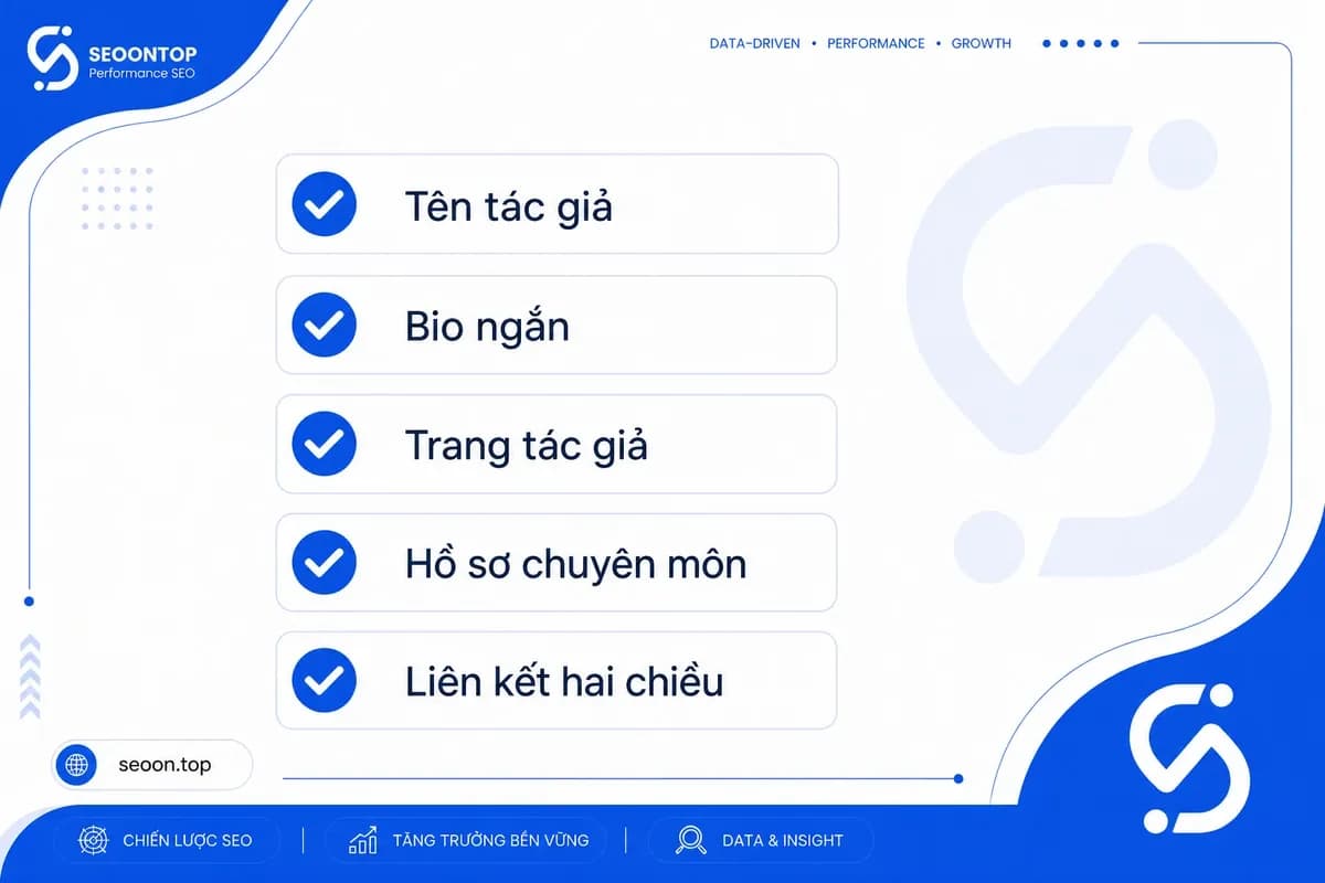 Checklist graphic liệt kê 5 tín hiệu tối thiểu để thể hiện author authority trên website.