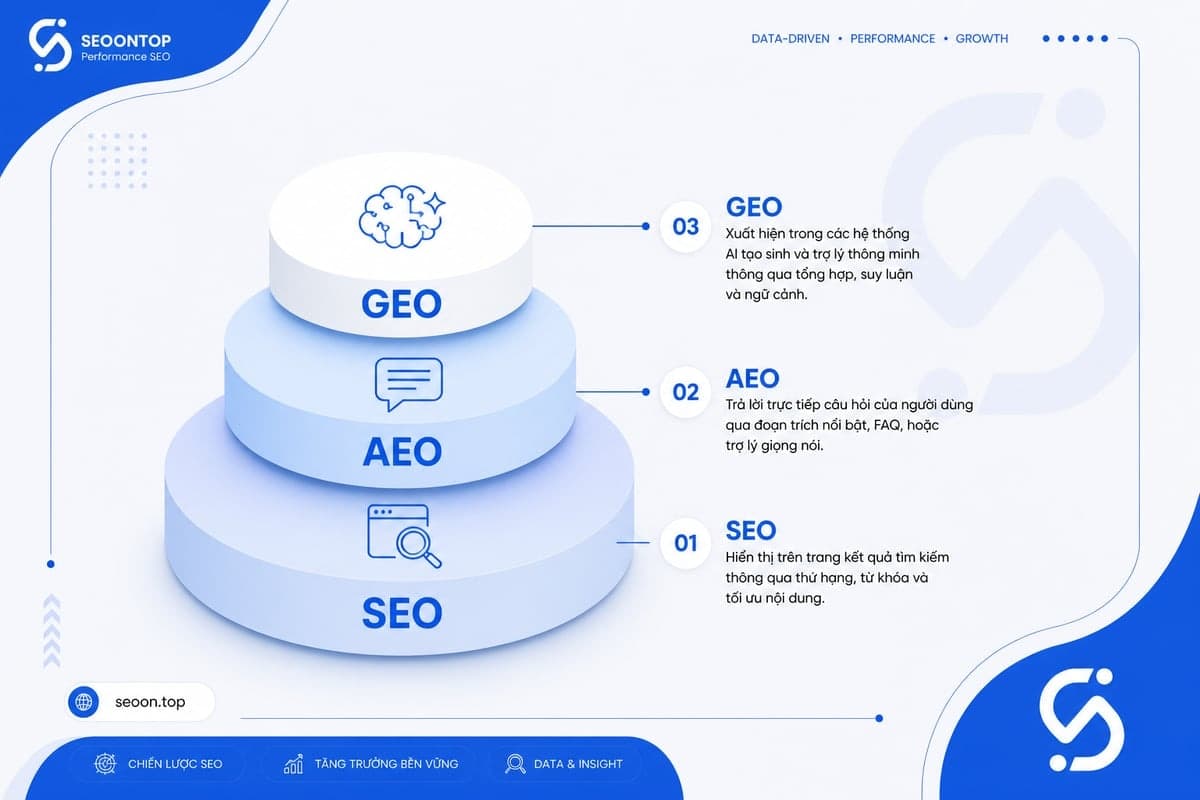 So sánh SEO AEO GEO trong bối cảnh AI Search