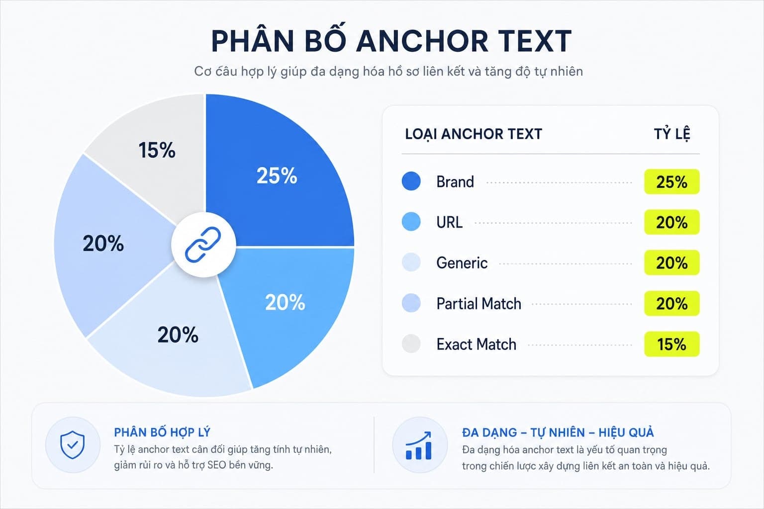 Phân bổ anchor text gồm Brand, URL, Generic, Partial Match, Exact Match