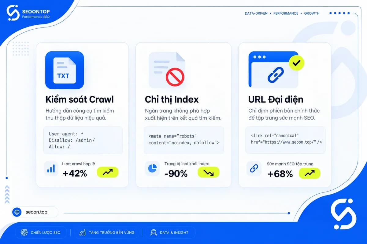 Thẻ so sánh robots.txt kiểm soát crawl, noindex chỉ thị index và canonical gợi ý URL đại diện.