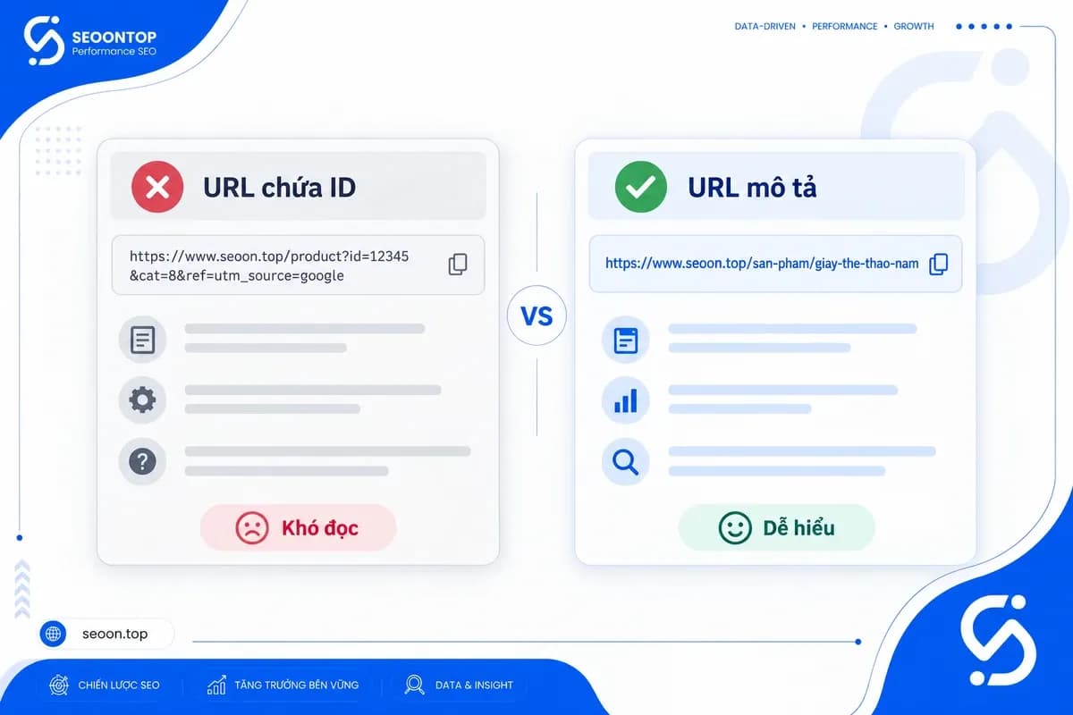 So sánh URL chứa ID và URL mô tả chủ đề permalink.
