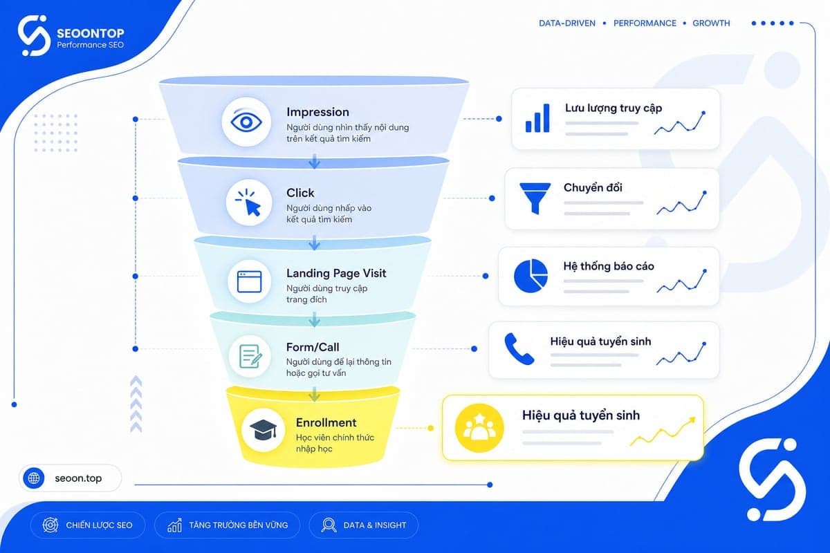 funnel đo lường SEO ngành giáo dục từ click đến enrollment