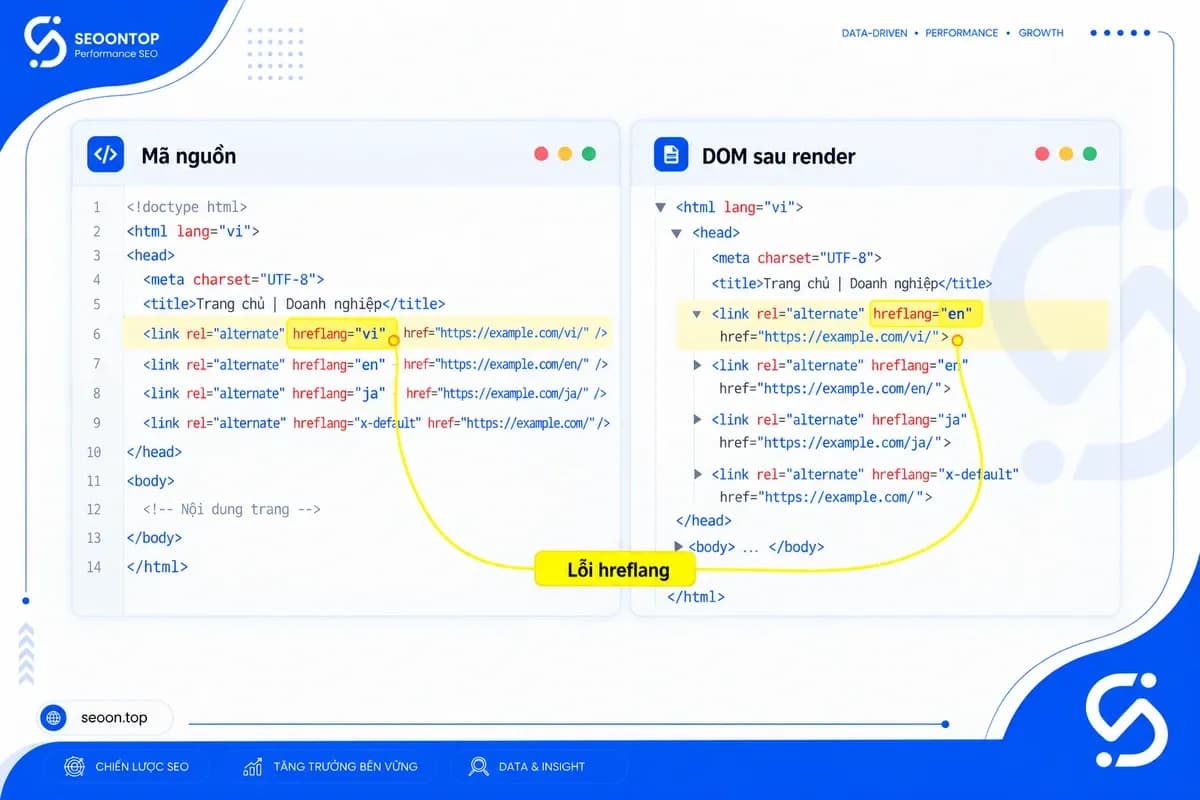 Đối chiếu hreflang trong mã nguồn ban đầu và DOM sau render