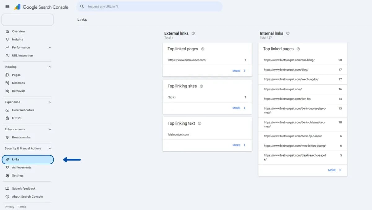 Cách mở Google Search Console Links report