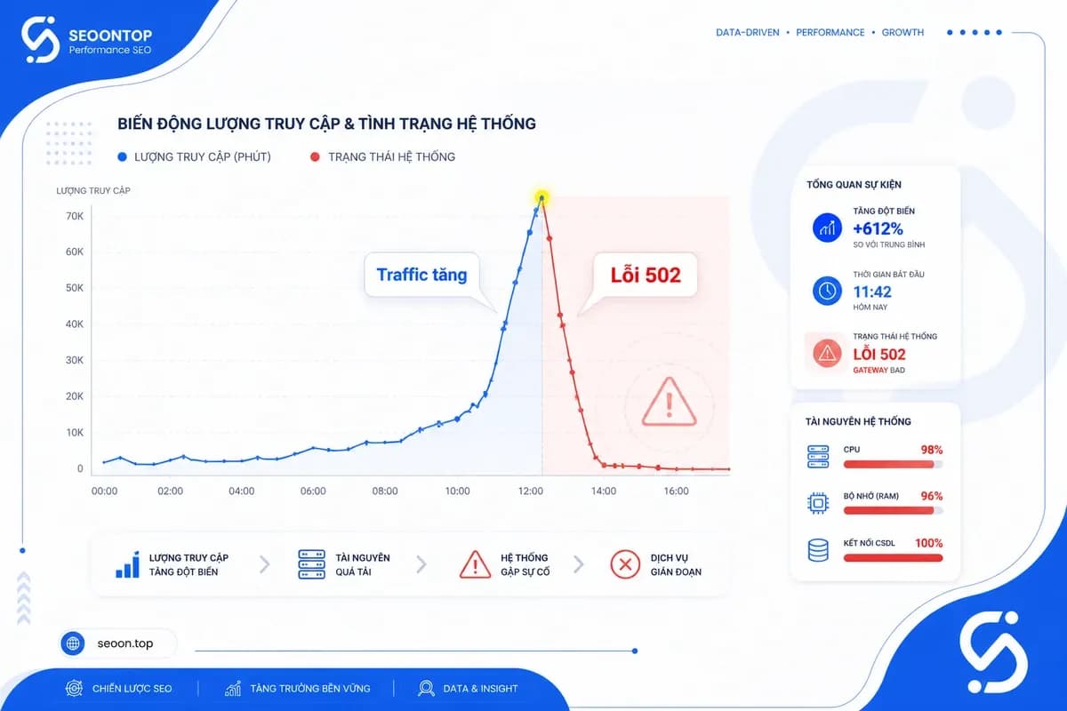 Traffic spike khiến website quá tải và xuất hiện landing page error 502