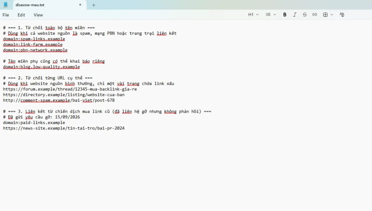 Tạo file disavow đúng định dạng