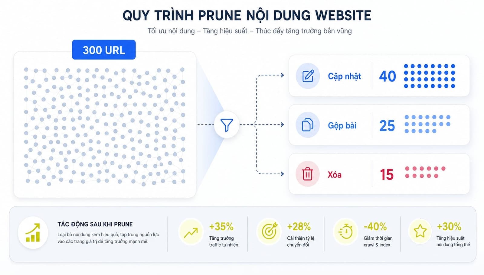 Sơ đồ phân nhóm website 300 URL trước và sau pruning