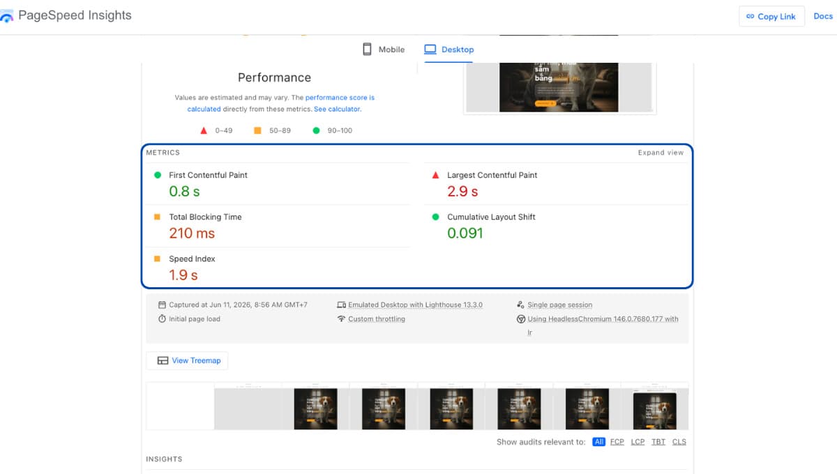 PageSpeed Insights hiển thị dữ liệu Core Web Vitals