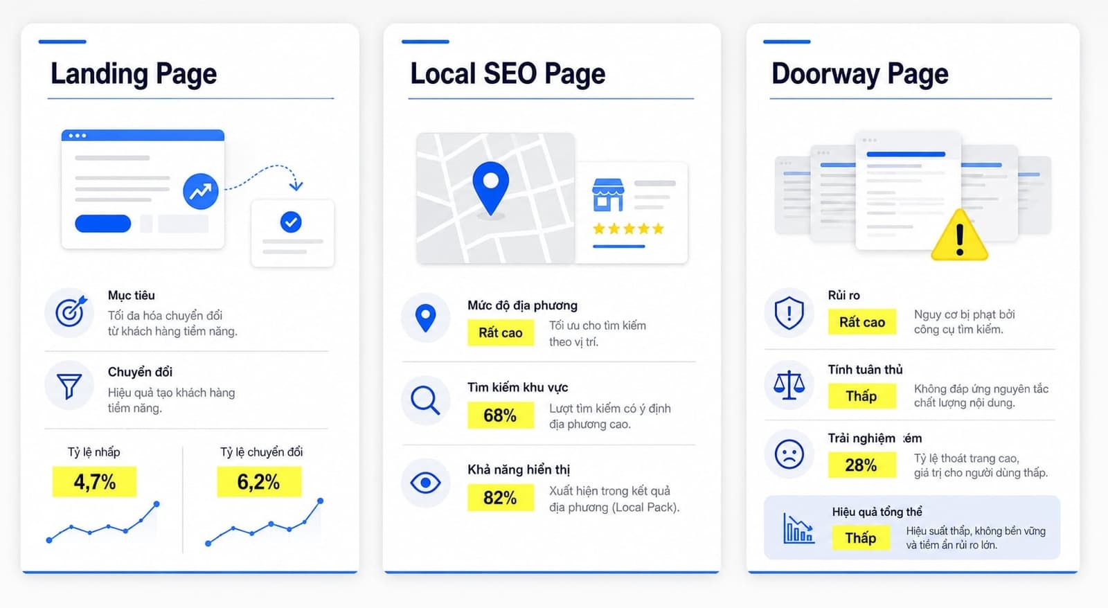 Phân biệt doorway pages với landing page, category page và local SEO page