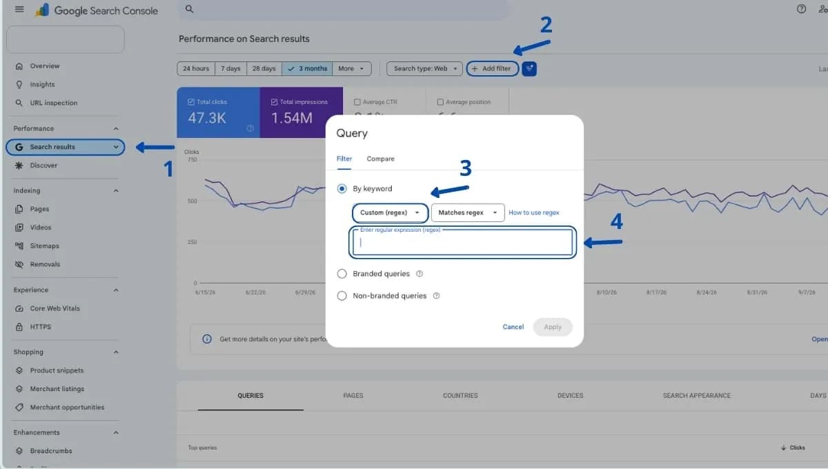 Cách tạo và kiểm tra một bộ lọc Regex trong GSC