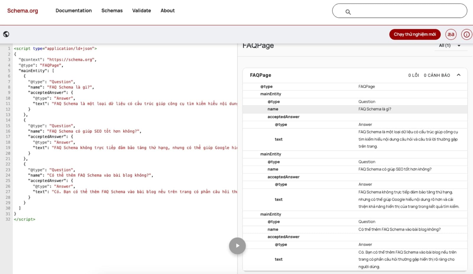 Dùng Schema Markup Validator để kiểm tra tính hợp lệ của markup.