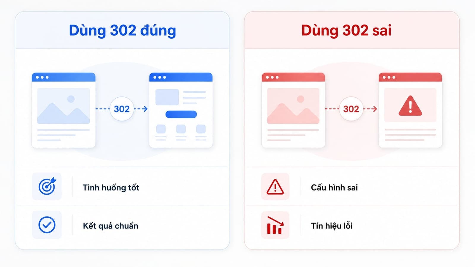 Ví dụ dùng redirect 302 đúng và sai