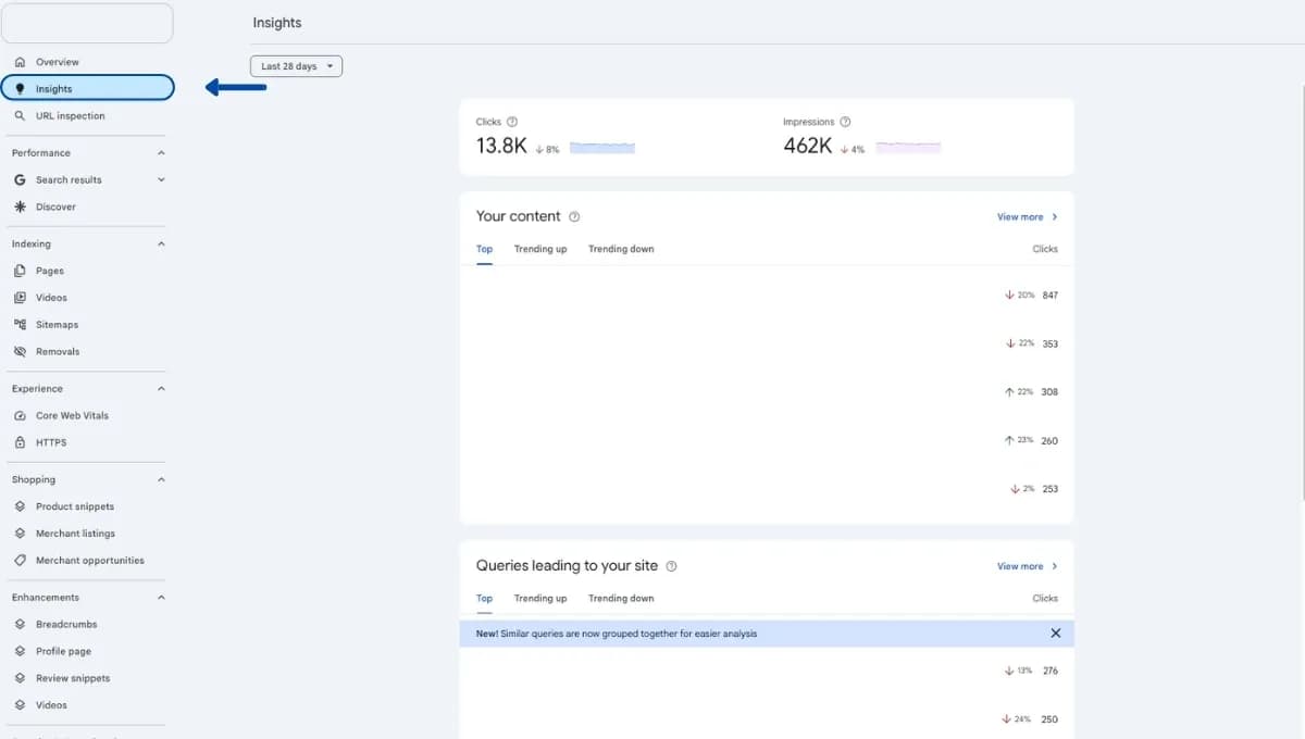 Các bước truy cập Search Console Insights