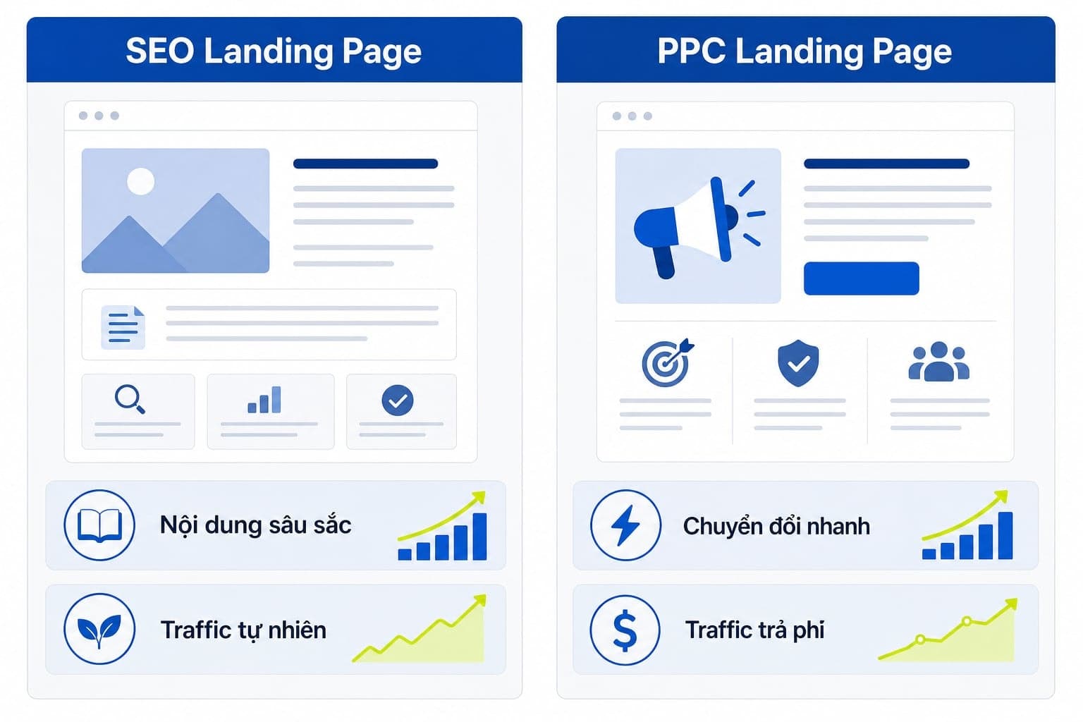 So sánh landing page chuẩn SEO và landing page quảng cáo