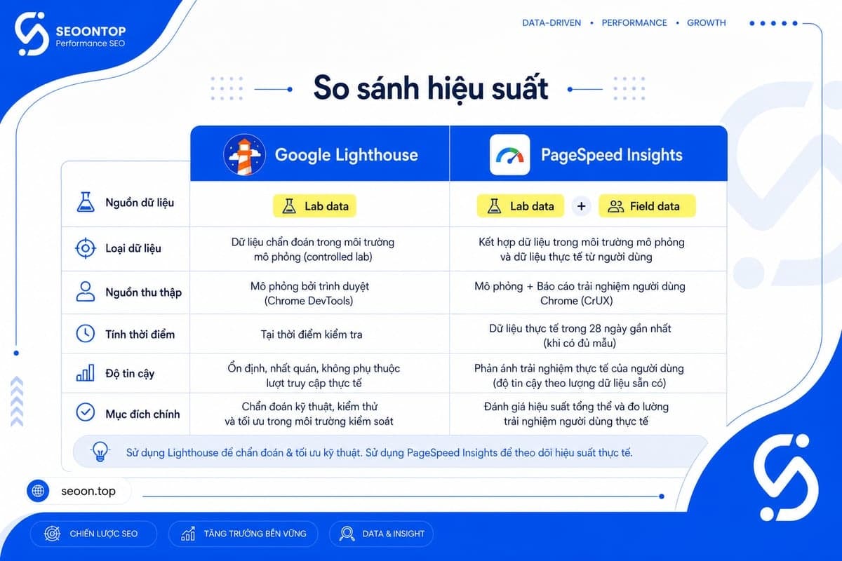 Bảng so sánh trực quan Lighthouse và PageSpeed Insights với hàng dữ liệu lab/field