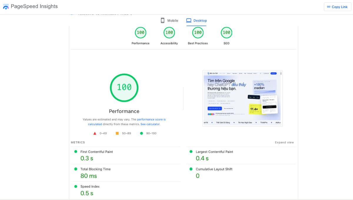 Giao diện công cụ Google PageSpeed Insights