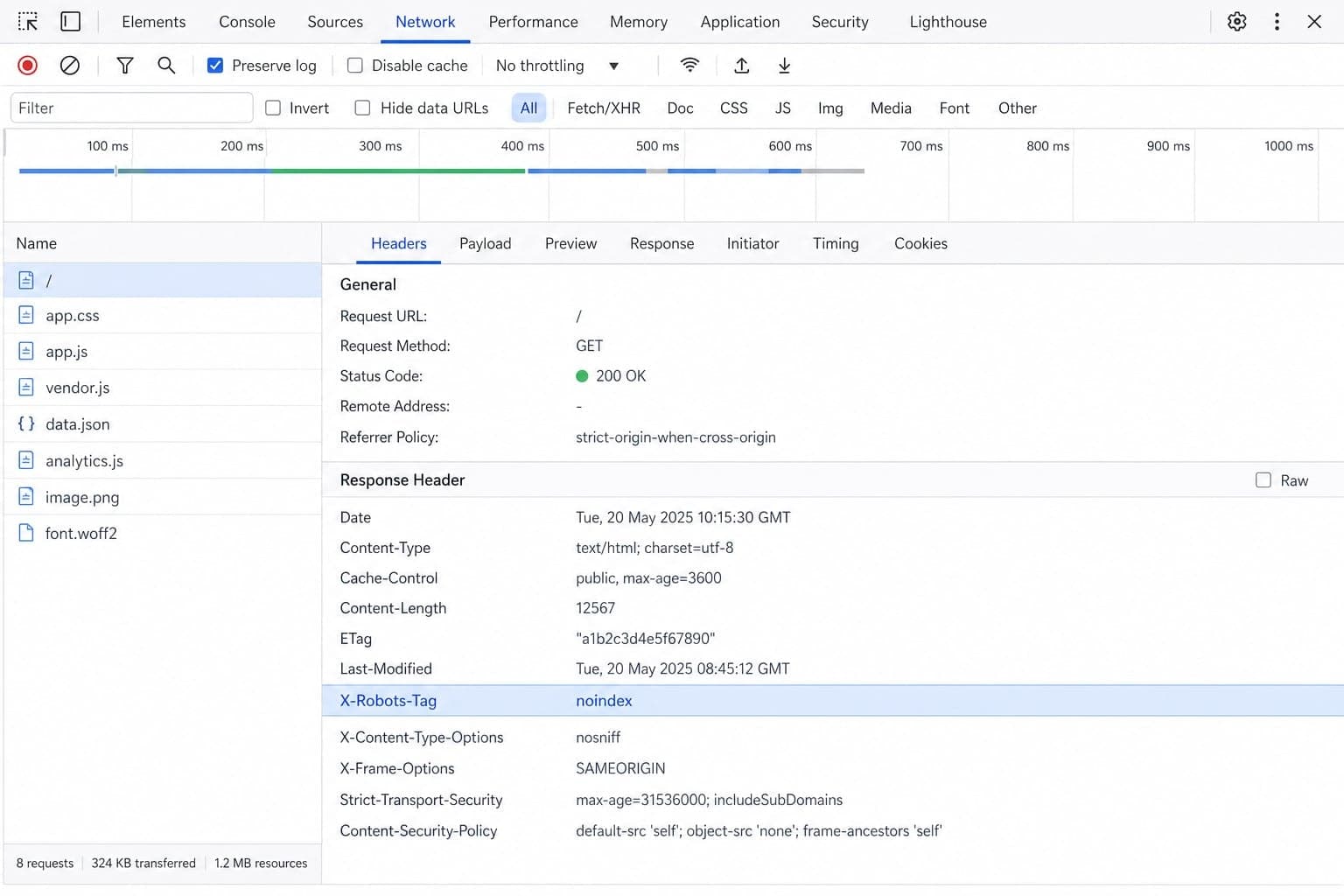 Screenshot DevTools hoặc terminal hiển thị response header có dòng X-Robots-Tag