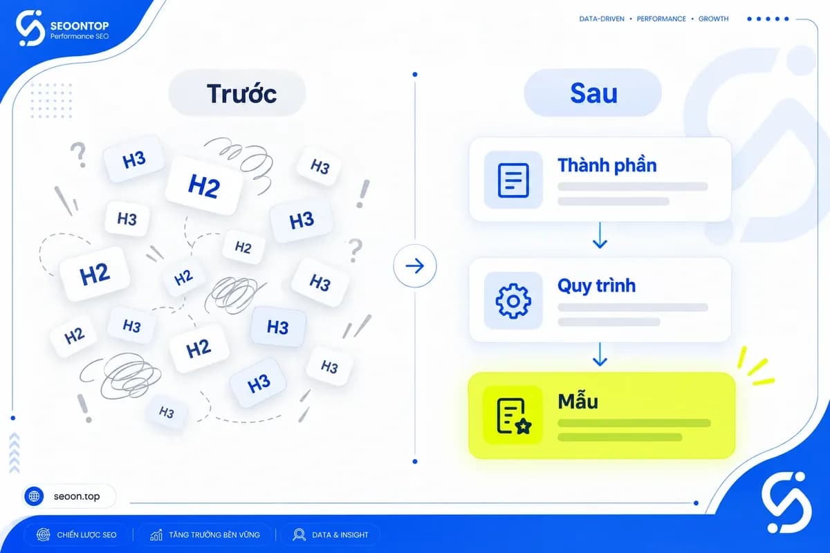 Minh họa trước–sau khi chuyển “H2/H3” vào nhóm “Thành phần” và đặt mẫu sau quy trình.