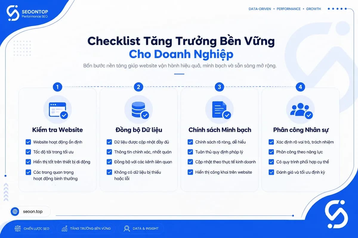 Checklist website, dữ liệu, chính sách, người phụ trách