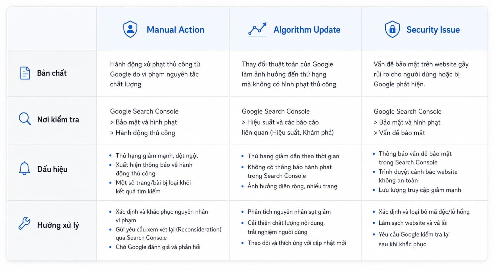 Bảng so sánh manual action và algorithm update