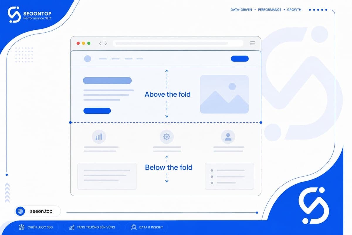 Bảng minh họa vị trí above the fold và below the fold trên cùng một website
