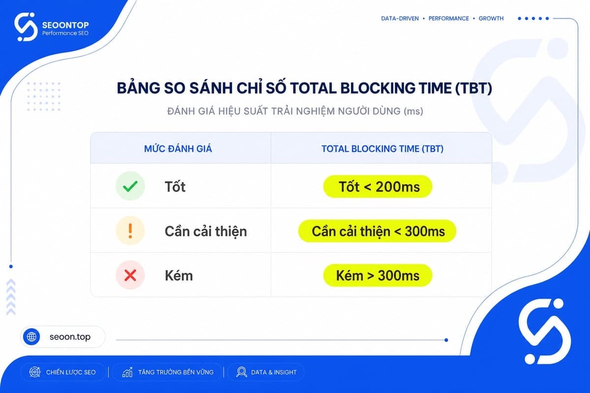 Bảng benchmark 3 mức cho TBT gồm tốt, cần cải thiện và kém