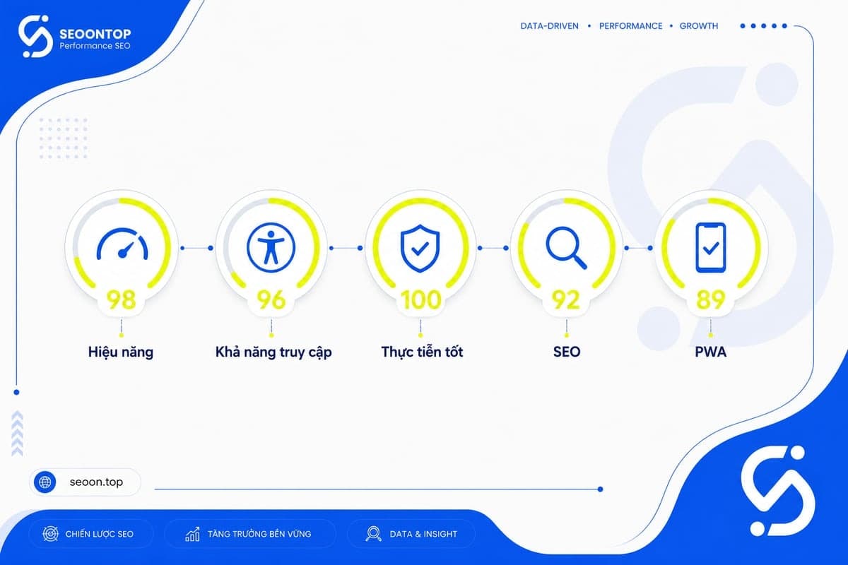Các nhóm audit của Lighthouse gồm Performance, Accessibility, Best Practices, SEO, PWA