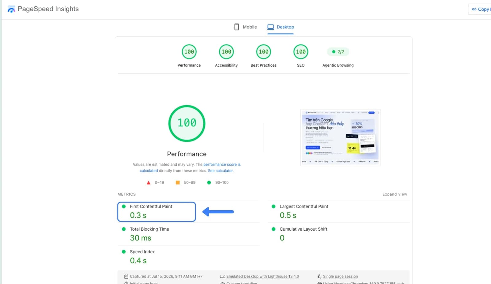 Đo FCP bằng PageSpeed Insights
