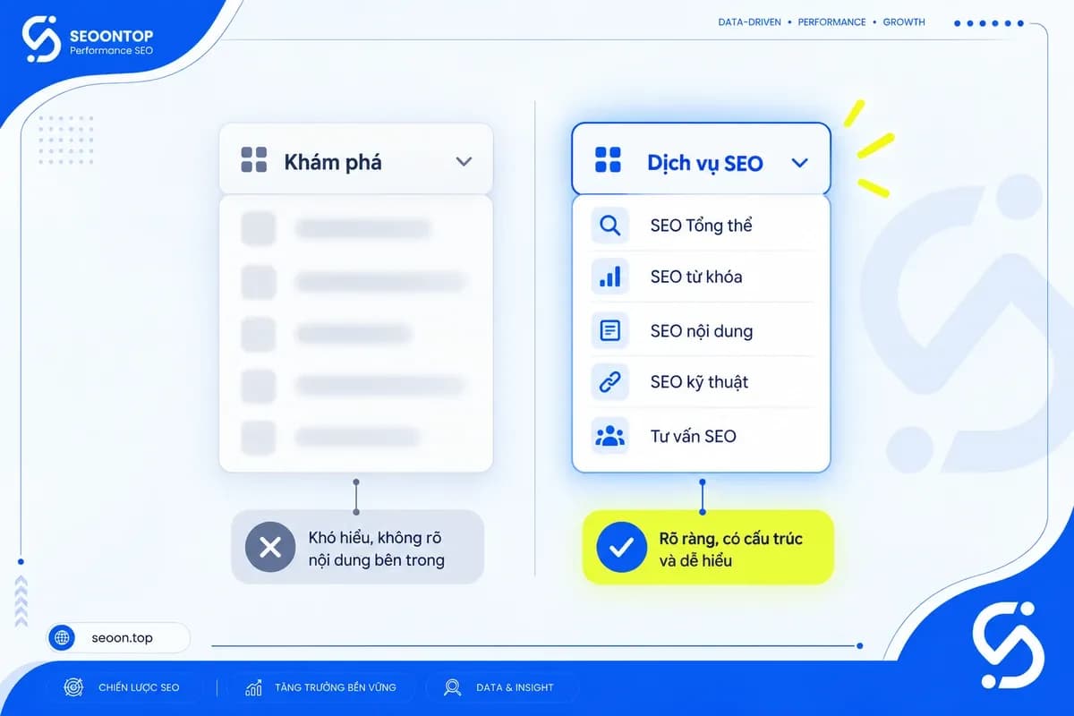 Đối chiếu menu minh họa “Khám phá” với “Dịch vụ SEO”, làm rõ sự khác biệt về khả năng dự đoán nội dung.