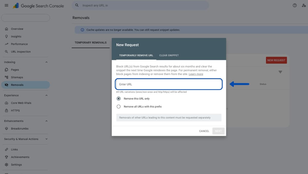 Dùng Google Search Console Removals để ẩn URL nhanh