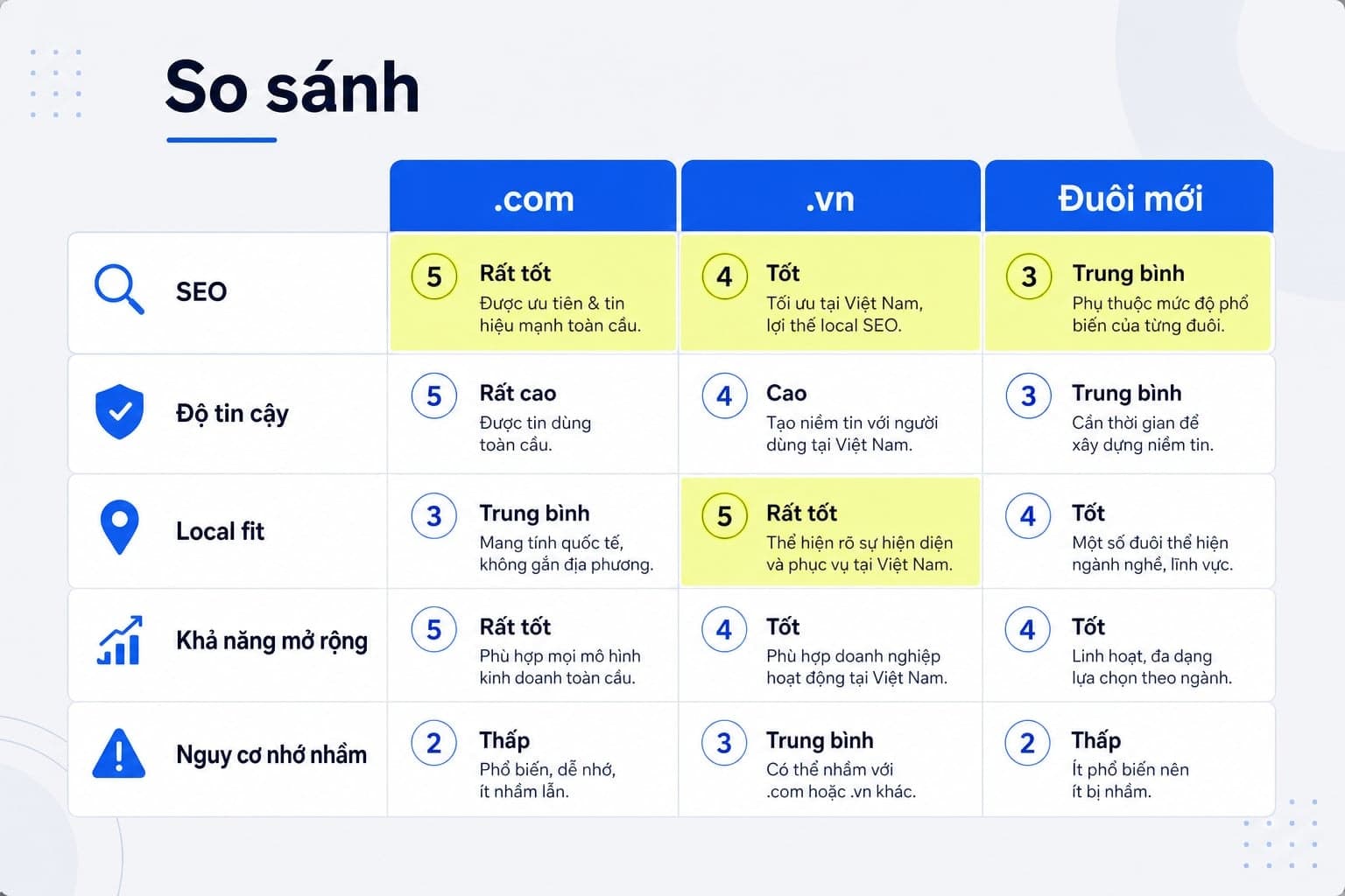 Bảng so sánh quyết định .com, .vn và đuôi mới