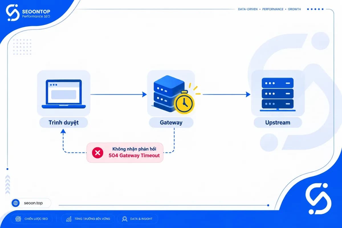 Sơ đồ cơ chế lỗi 504 Gateway Timeout giữa trình duyệt gateway và upstream server