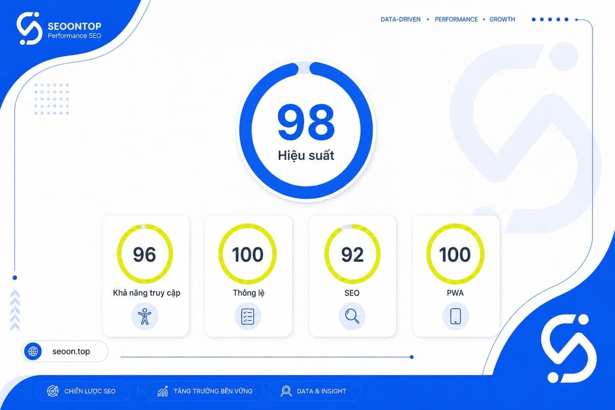 Các nhóm điểm Performance, Accessibility, Best Practices, SEO và PWA