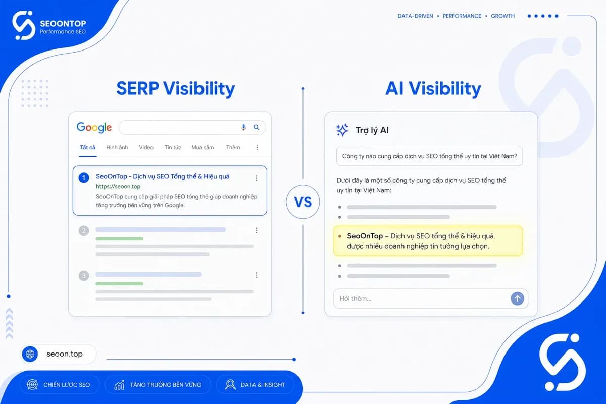 Sơ đồ mini so sánh “SERP visibility” và “AI visibility”