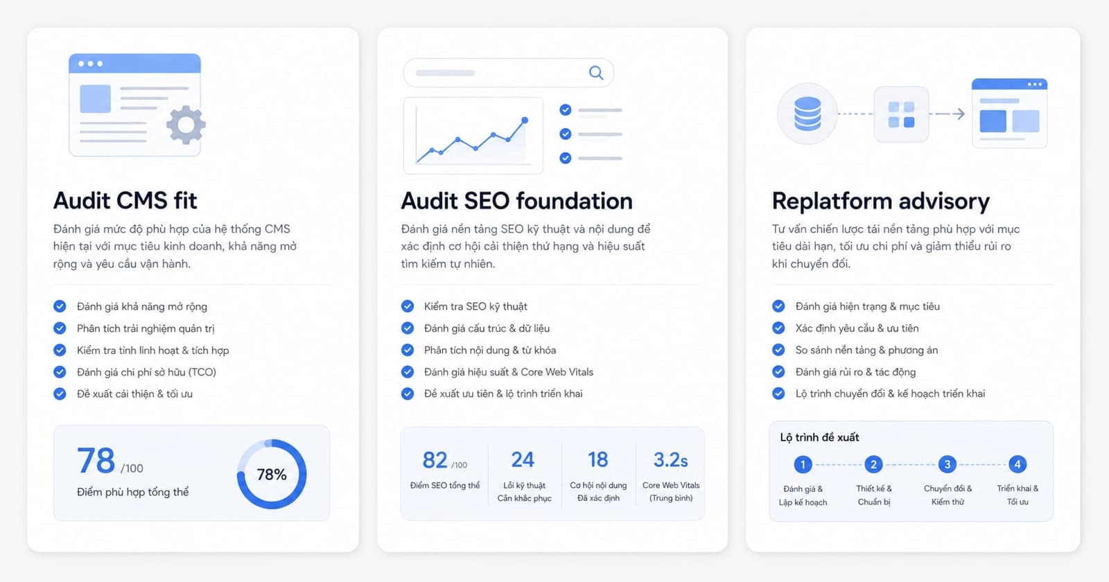 Tư vấn chọn CMS và audit nền tảng SEO