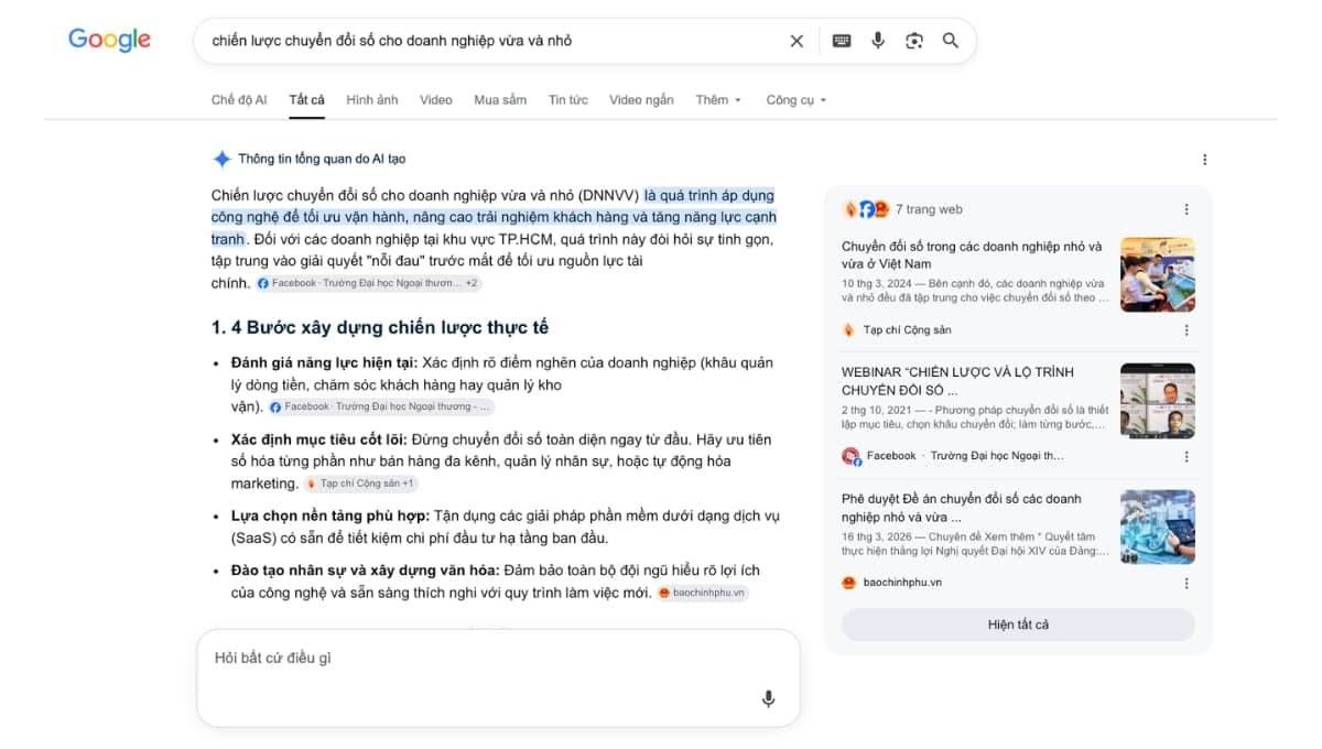 SGE trên Google Search với AI-generated answers