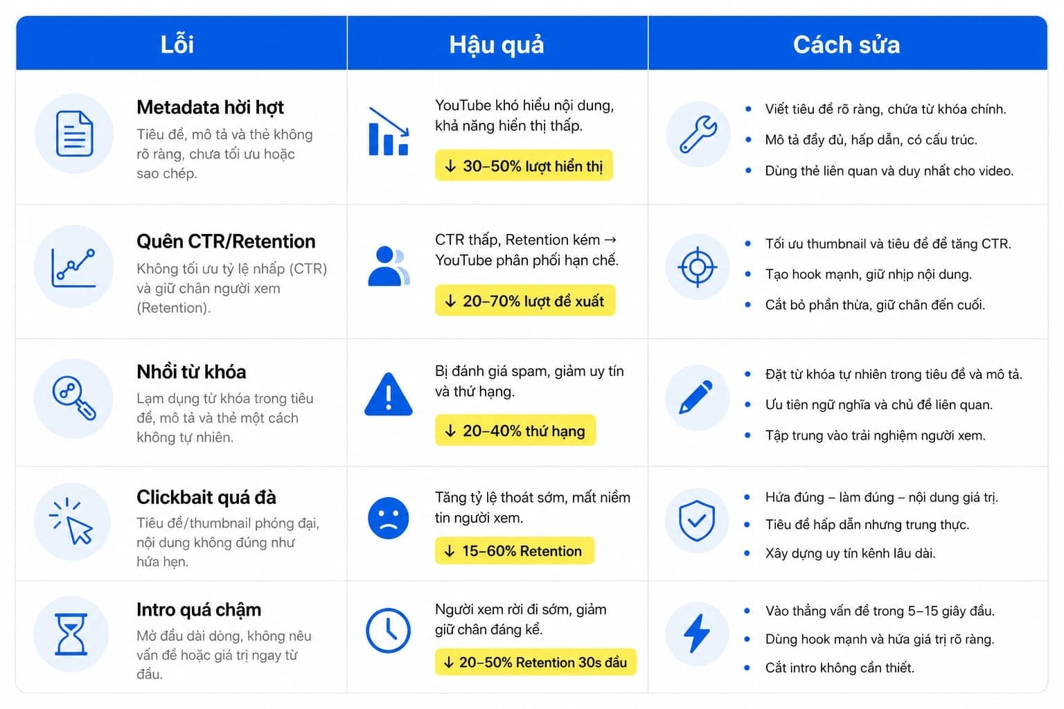 Bảng lỗi SEO YouTube thường gặp và cách khắc phục nhanh