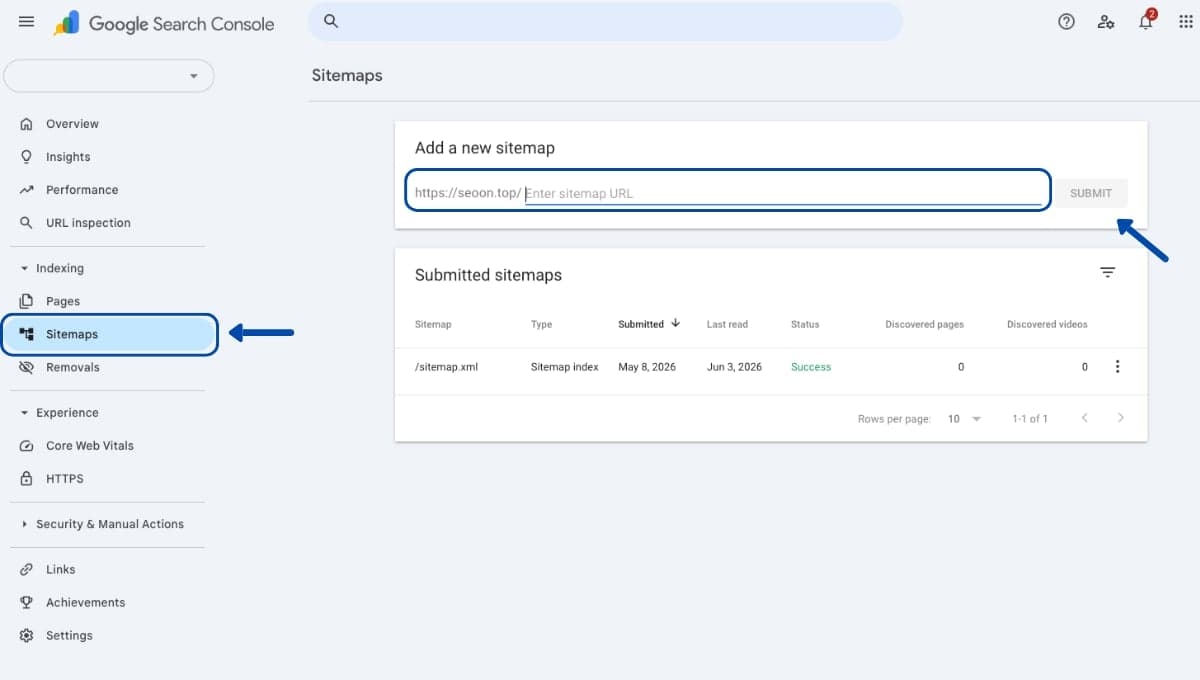 Giao diện Google Search Console gửi sitemap XML
