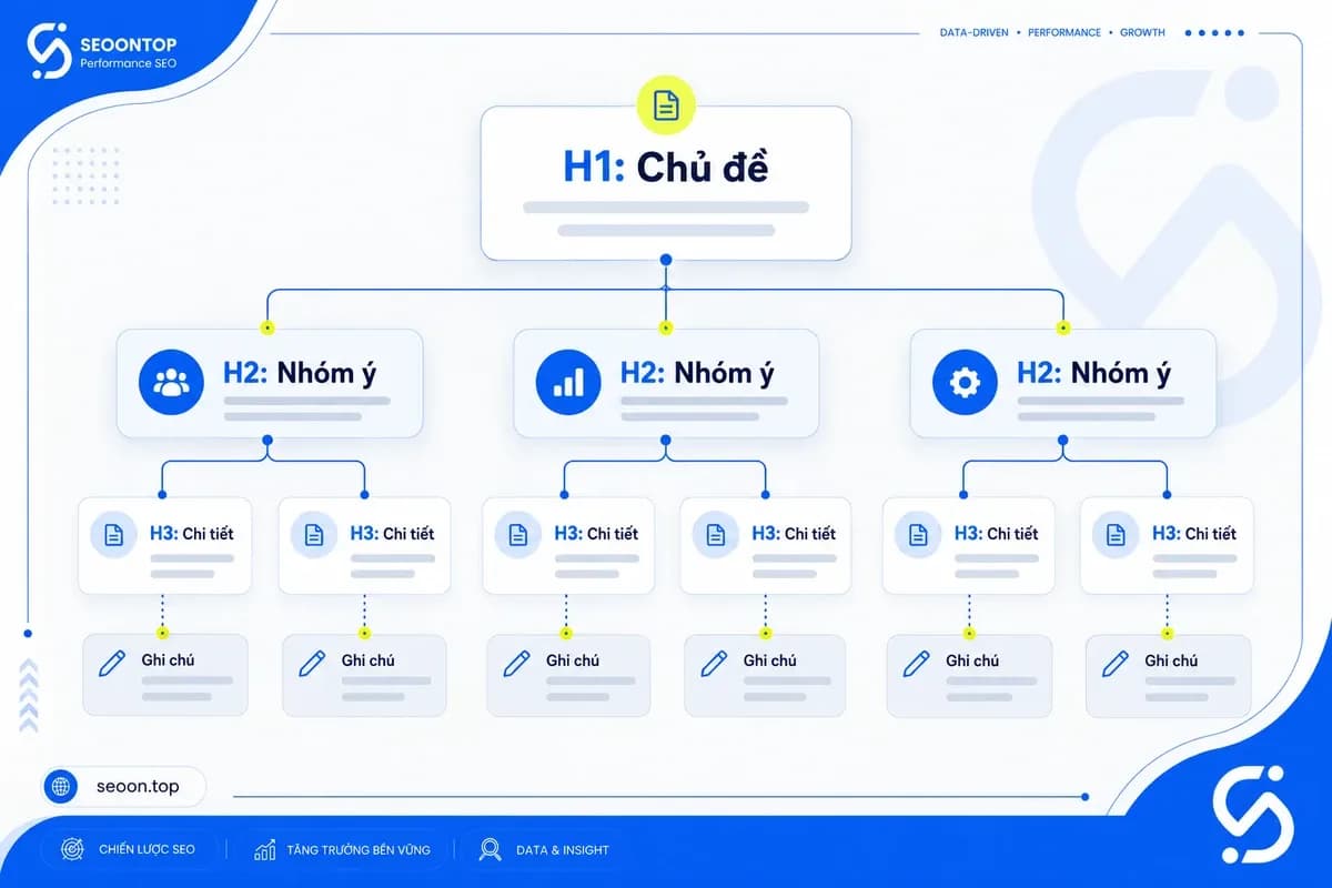 Dàn ý minh họa có chú thích phần bối cảnh, H1, H2, H3 và ghi chú dưới heading.