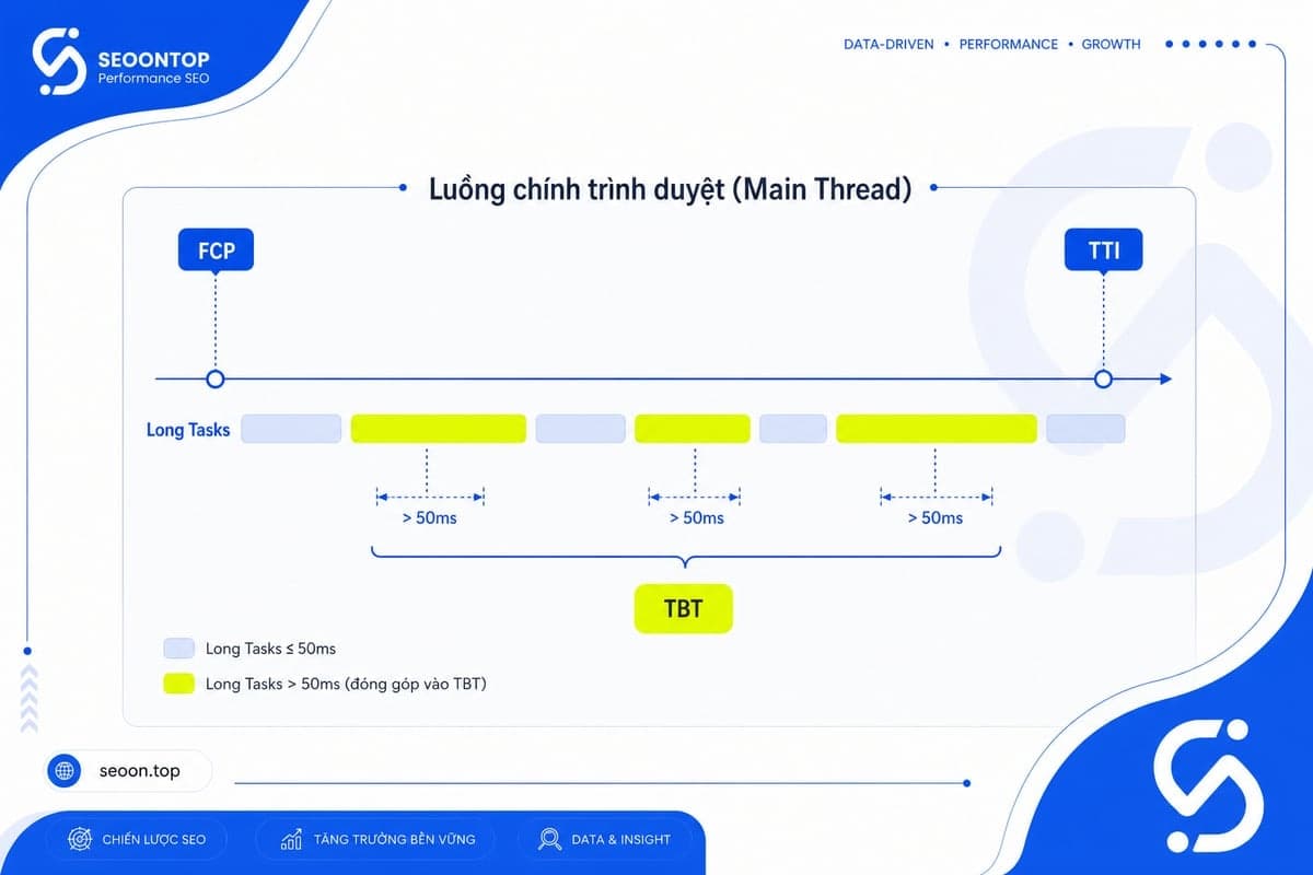 Total Blocking Time thường được đo từ FCP đến TTI và chỉ cộng phần thời gian vượt quá 50ms của các long tasks