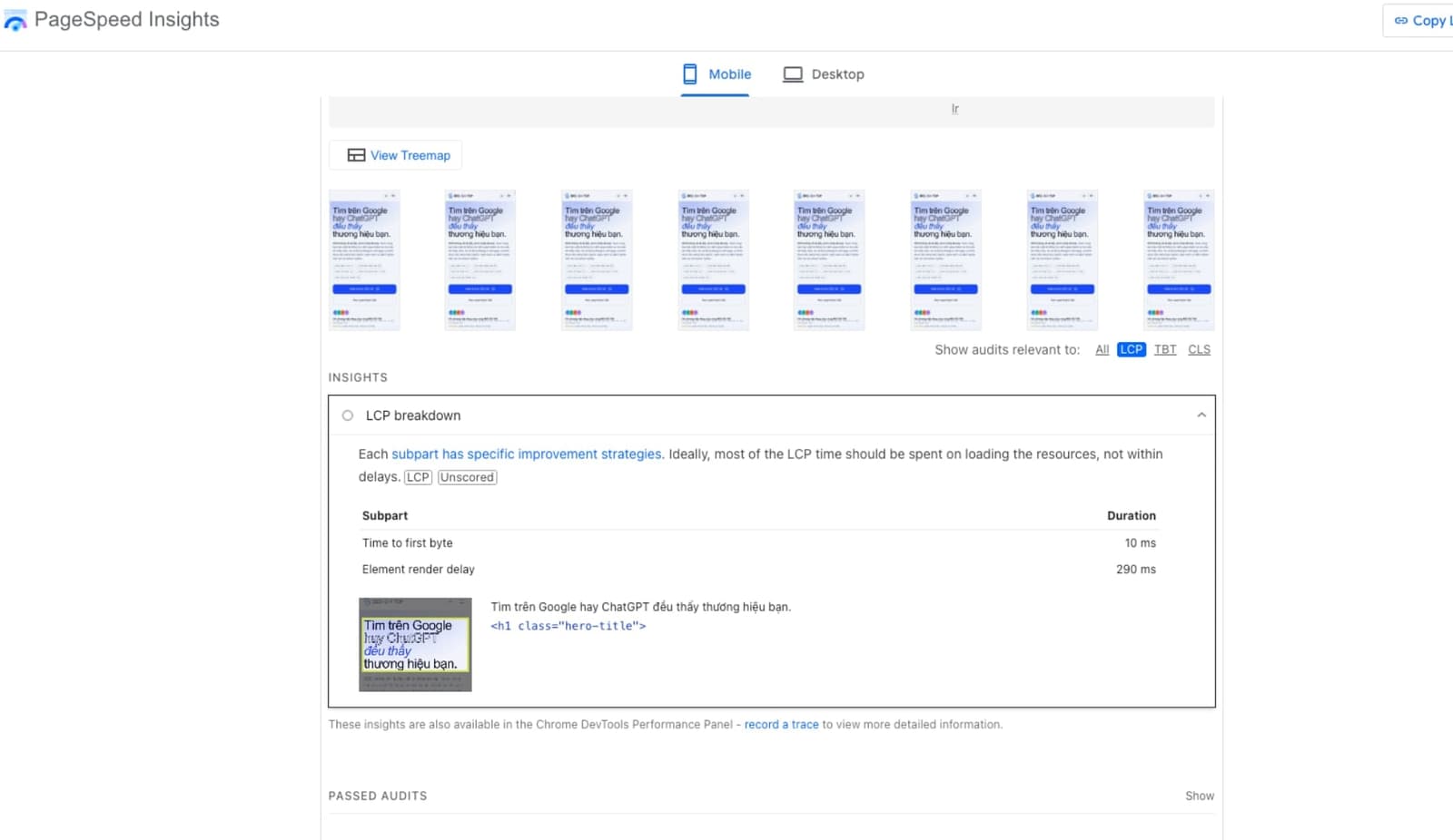 Cách đo TTFB bằng Google PageSpeed Insights